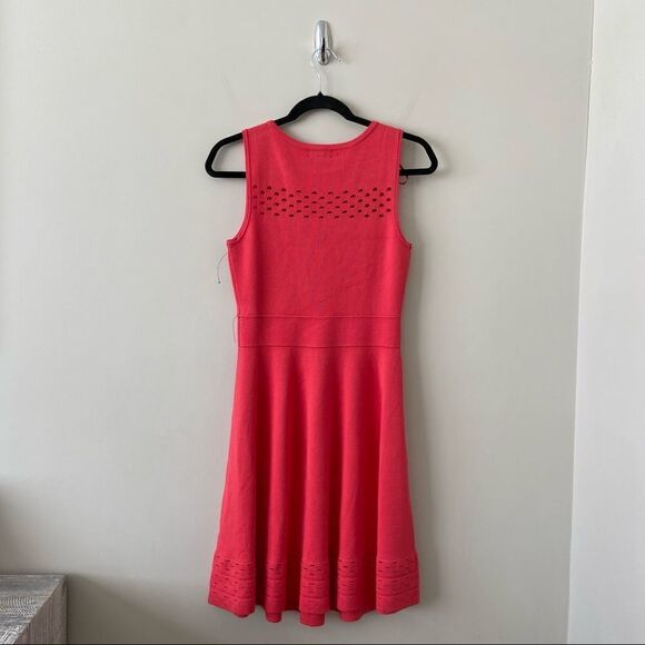 Nwt-chelsea28 (Nordstrom)Ponte Hot Coral Open Work Fit & Flare Dress - Picture 2 of 10